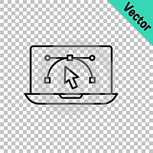 Black line Computer display with vector design program icon isolated on isolated on transparent background. Photo editor
