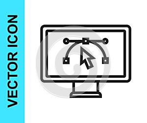Black line Computer display with vector design program icon isolated on isolated on white background. Photo editor