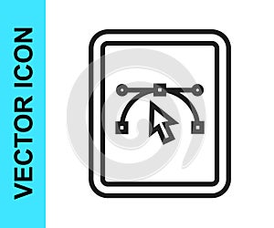 Black line Computer display with vector design program icon isolated on isolated on white background. Photo editor