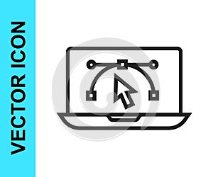 Black line Computer display with vector design program icon isolated on isolated on white background. Photo editor