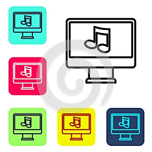 Black line Computer with music note symbol on screen icon isolated on white background. Set icons in color square