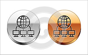 Black line Computer network icon isolated on white background. Laptop network. Internet connection. Silver-gold circle