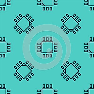 Black line Computer processor with microcircuits CPU icon isolated seamless pattern on green background. Chip or cpu