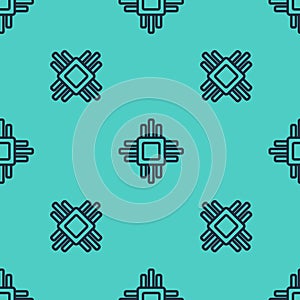 Black line Computer processor with microcircuits CPU icon isolated seamless pattern on green background. Chip or cpu