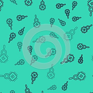 Black line Computer processor with microcircuits CPU icon isolated seamless pattern on green background. Chip or cpu