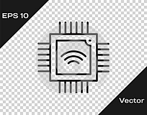 Black line Computer processor with microcircuits CPU icon isolated on transparent background. Chip or cpu with circuit
