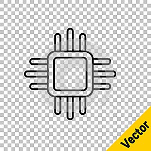 Black line Computer processor with microcircuits CPU icon isolated on transparent background. Chip or cpu with circuit