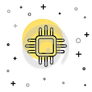 Black line Computer processor with microcircuits CPU icon isolated on white background. Chip or cpu with circuit board