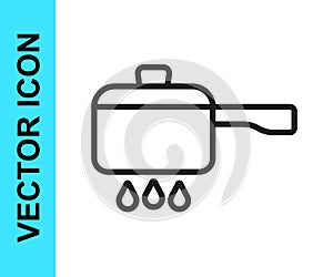 Black line Cooking pot on fire icon isolated on white background. Boil or stew food symbol. Vector