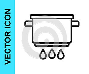 Black line Cooking pot on fire icon isolated on white background. Boil or stew food symbol. Vector