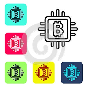 Black line CPU mining farm icon isolated on white background. Bitcoin sign inside processor. Cryptocurrency mining