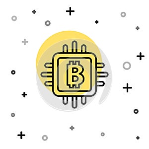 Black line CPU mining farm icon isolated on white background. Bitcoin sign inside processor. Cryptocurrency mining