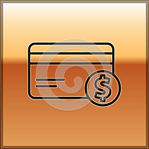 Black line Credit card and dollar symbol icon isolated on gold background. Online payment. Cash withdrawal. Financial