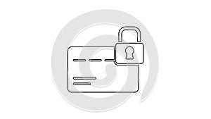 Black line Credit card with lock icon isolated on white background. Locked bank card. Security, safety, protection
