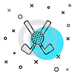 Black line Crossed golf club with ball icon isolated on white background. Random dynamic shapes. Vector