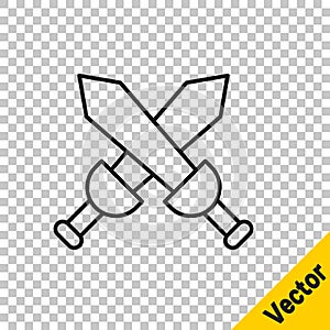 Black line Crossed medieval sword icon isolated on transparent background. Medieval weapon. Vector