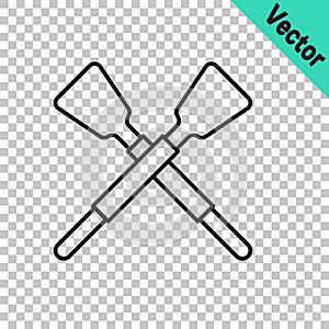 Black line Crossed oars or paddles boat icon isolated on transparent background. Vector