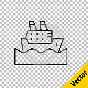 Black line Cruise ship in ocean icon isolated on transparent background. Cruising the world. Vector