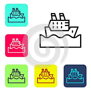Black line Cruise ship in ocean icon isolated on white background. Cruising the world. Set icons in color square buttons