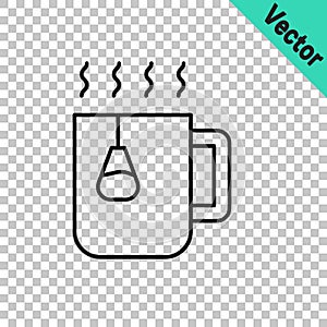 Black line Cup of tea with tea bag icon isolated on transparent background. Vector