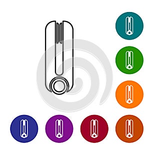 Black line Curling iron for hair icon isolated on white background. Hair straightener icon. Set icons in color circle