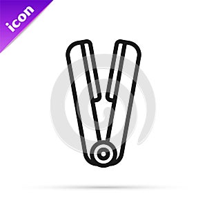 Black line Curling iron for hair icon isolated on white background. Hair straightener icon. Vector