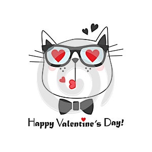 Black line cute kissing cat face icon with heart sunglasses and bow tie on white background