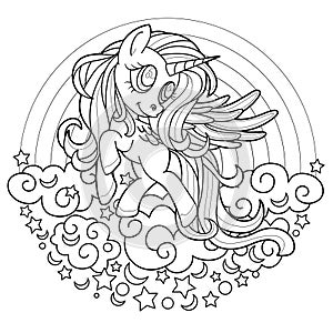 Black line cute rainbow unicorn for coloring book or page. Black and white.  Beautiful pony princess character vector illustration