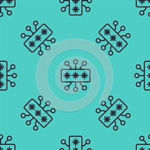 Black line Cyber security icon isolated seamless pattern on green background. Closed padlock on digital circuit board