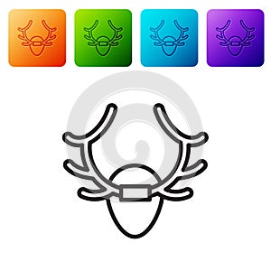 Black line Deer antlers on shield icon isolated on white background. Hunting trophy on wall. Set icons in color square