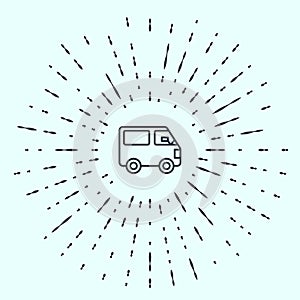 Black line Delivery cargo truck vehicle icon isolated on grey background. Abstract circle random dots. Vector