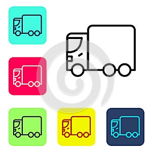 Black line Delivery cargo truck vehicle icon isolated on white background. Set icons in color square buttons. Vector