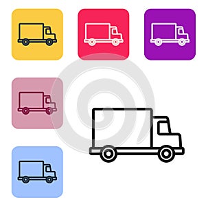 Black line Delivery cargo truck vehicle icon isolated on white background. Set icons in color square buttons. Vector