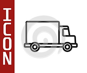 Black line Delivery cargo truck vehicle icon isolated on white background. Vector Illustration