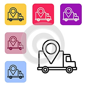 Black line Delivery tracking icon isolated on white background. Parcel tracking. Set icons in color square buttons