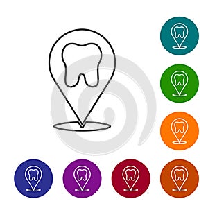 Black line Dental clinic location icon isolated on white background. Set icons in color circle buttons. Vector Black line Dental c