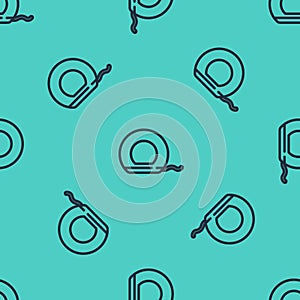 Black line Dental floss icon isolated seamless pattern on green background. Vector