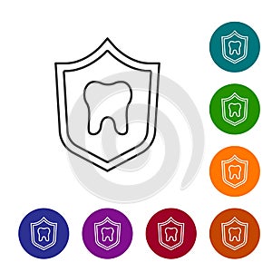 Black line Dental protection icon isolated on white background. Tooth on shield logo. Set icons in color circle buttons