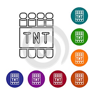 Black line Detonate dynamite bomb stick and timer clock icon isolated on white background. Time bomb - explosion danger