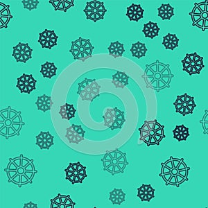 Black line Dharma wheel icon isolated seamless pattern on green background. Buddhism religion sign. Dharmachakra symbol