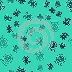 Black line Dharma wheel icon isolated seamless pattern on green background. Buddhism religion sign. Dharmachakra symbol