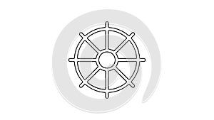 Black line Dharma wheel icon isolated on white background. Buddhism religion sign. Dharmachakra symbol. 4K Video motion