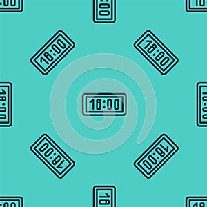 Black line Digital alarm clock icon isolated seamless pattern on green background. Electronic watch alarm clock. Time