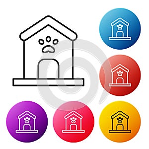 Black line Dog house and paw print pet icon isolated on white background. Dog kennel. Set icons colorful circle buttons