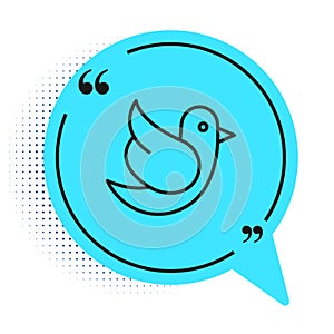 Black line Dove icon isolated on white background. Blue speech bubble symbol. Vector