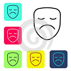 Black line Drama theatrical mask icon isolated on white background. Set icons in color square buttons. Vector
