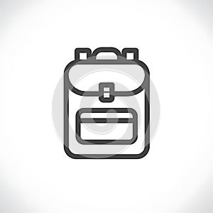 Black line drawing of a backpack on a white background. The design features a