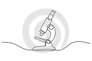 Black line drawing of a microscope on white science