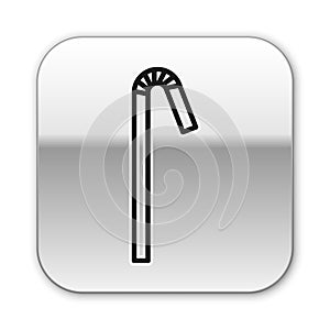 Black line Drinking plastic straw icon isolated on white background. Silver square button. Vector