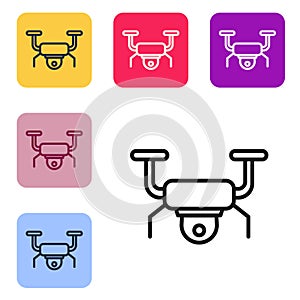 Black line Drone flying icon isolated on white background. Quadrocopter with video and photo camera symbol. Set icons in